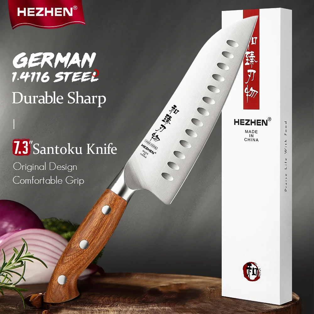 

HEZHEN 7.3 Inch Santoku Knife German 1.4116 Stainless Steel Japanese Cook Knife Meat Kitchen Knives Sharp Tools