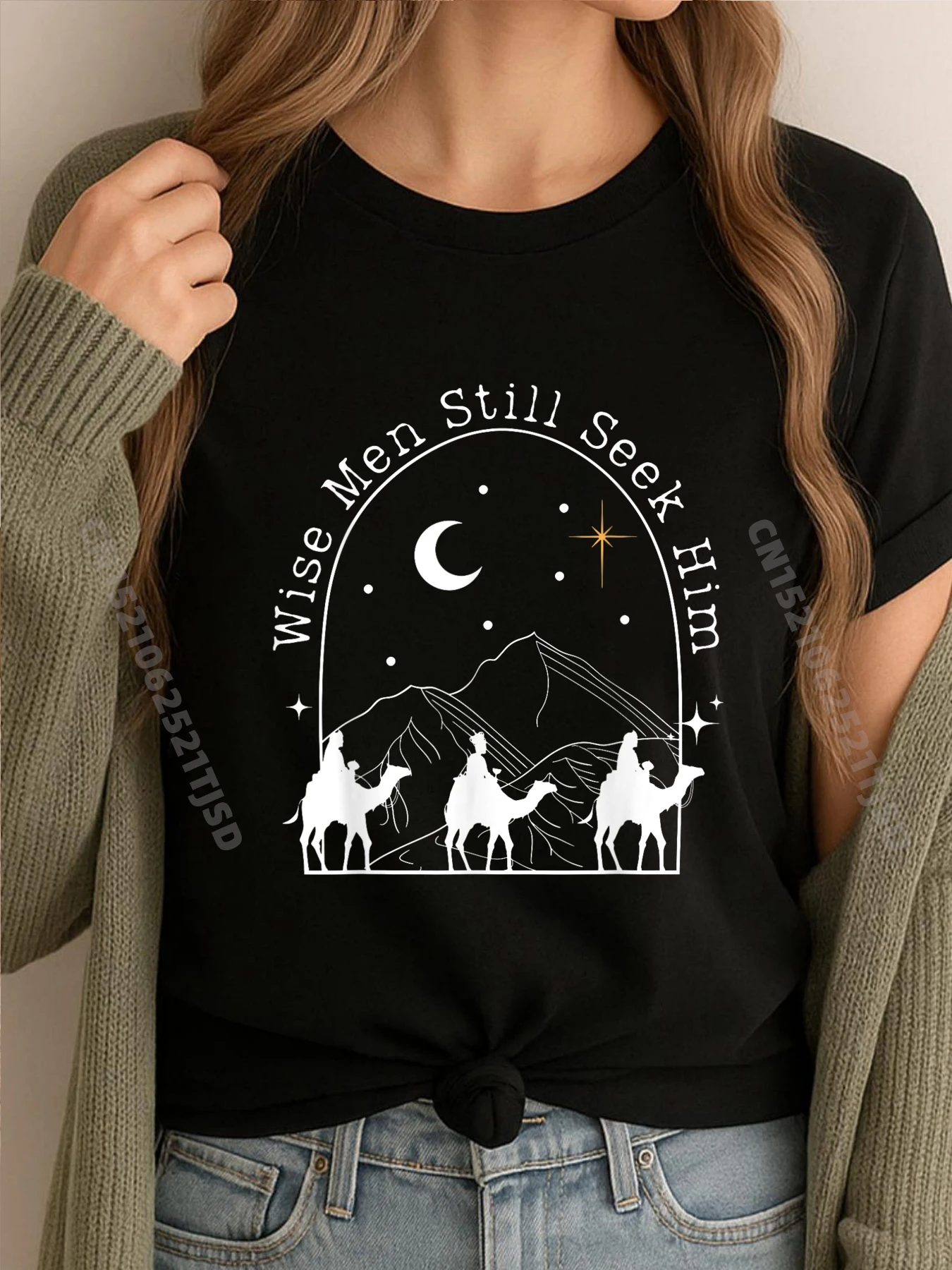 

Мудрая женщина Still Seek Him Christian Christmas Иисус Графические футболки Женская белая футболка большого размера Женские топы и футболки в подарок