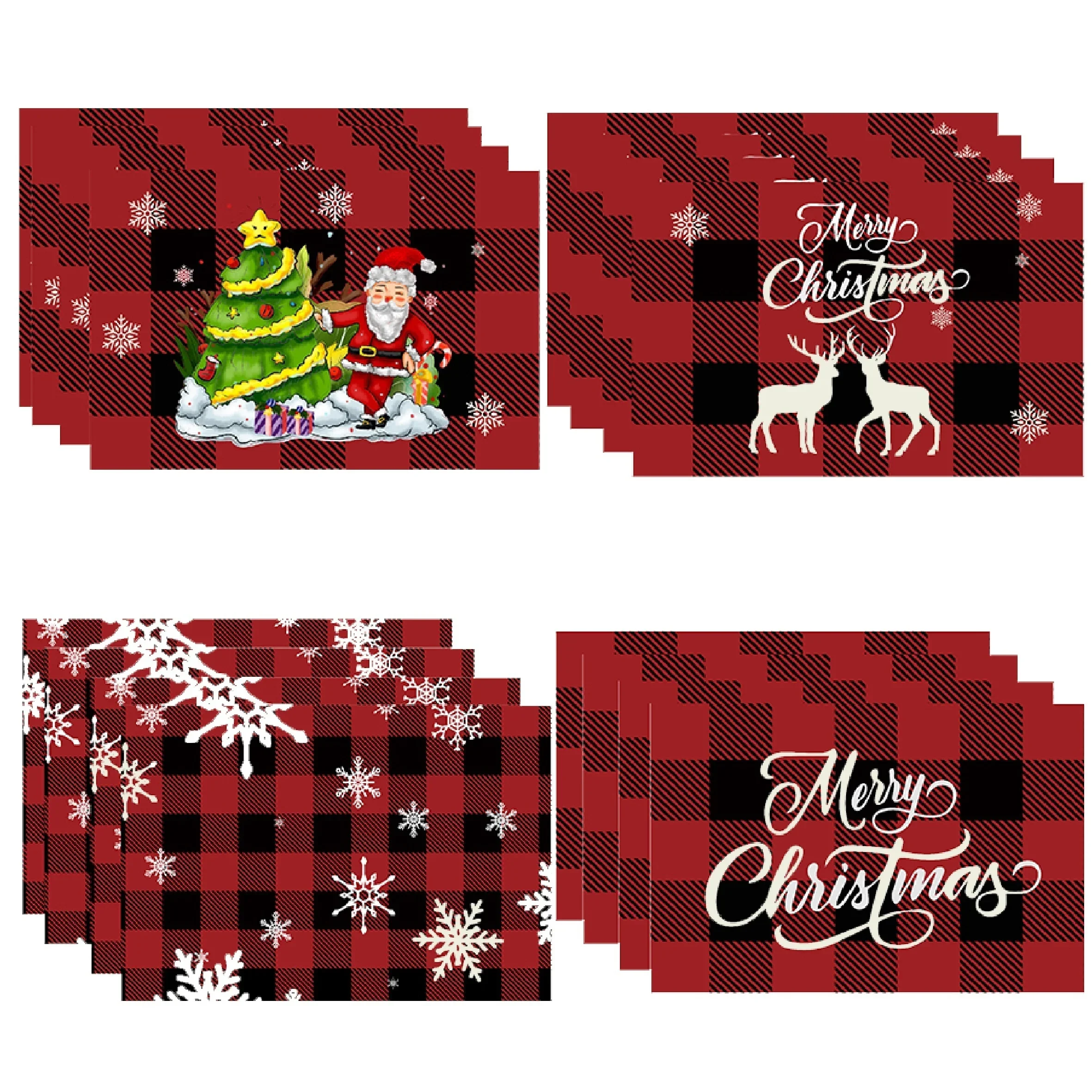 4pcs ChristmasTheme Placemats Red Black Plaid Decorative Table Pad Festival Snowflake Santa Claus Deer Pattern Table Mats