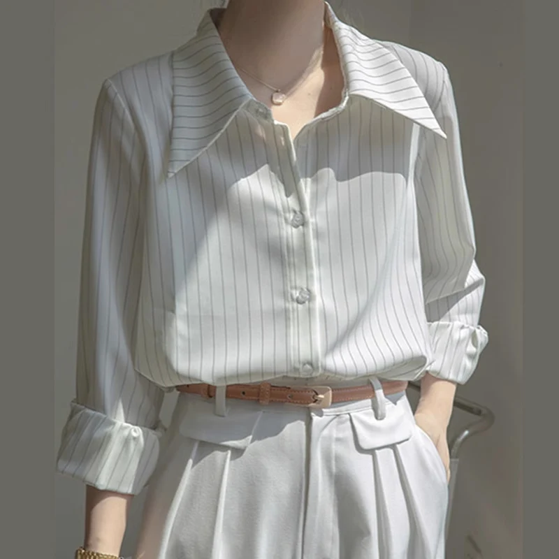 

White Striped Sharply Collared Casual Loose Women's Shirt Spring Autumn New Style Professional Shoulder Length Long Sleeve