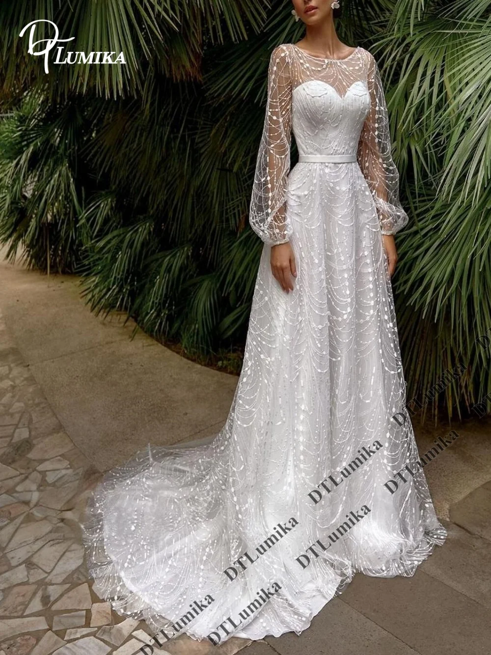 DTLumika Lace Overlay Wedding Dress for Women 2026 Customized Sheer Neckline Full Sleeves Bride Dresses Court Train Bridal Gown