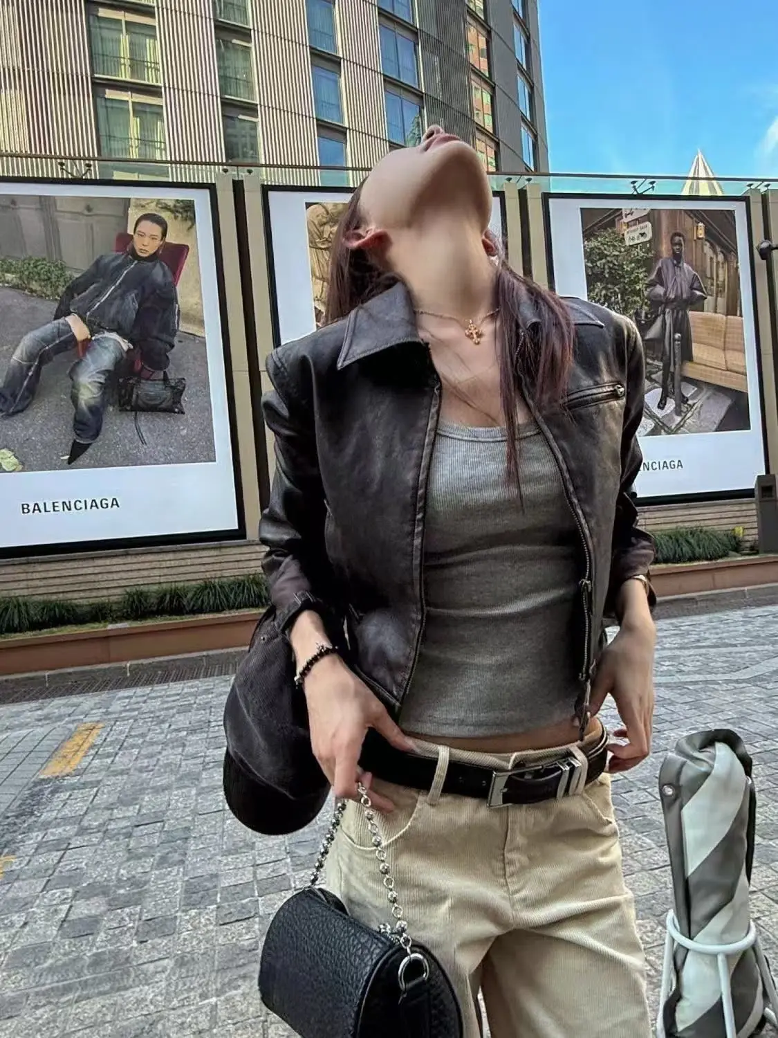 American Short Leather Jacket Women's Cool Cruel Wind Slimming Long Sleeves Zipper Motorcycle PU Jacket Top