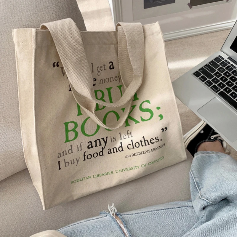 Poetry Lifest  Classic college style text printingThick Cotton Canvas Bag Popular Style Zipper Single Shoulder Shopping Tote bag