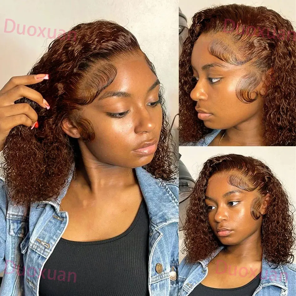 # 4 chocolate marrom bob peruca de cabelo humano onda profunda 13x4 hd laço frontal peruca pré arrancado onda de água encaracolado marrom bob peruca para mulher