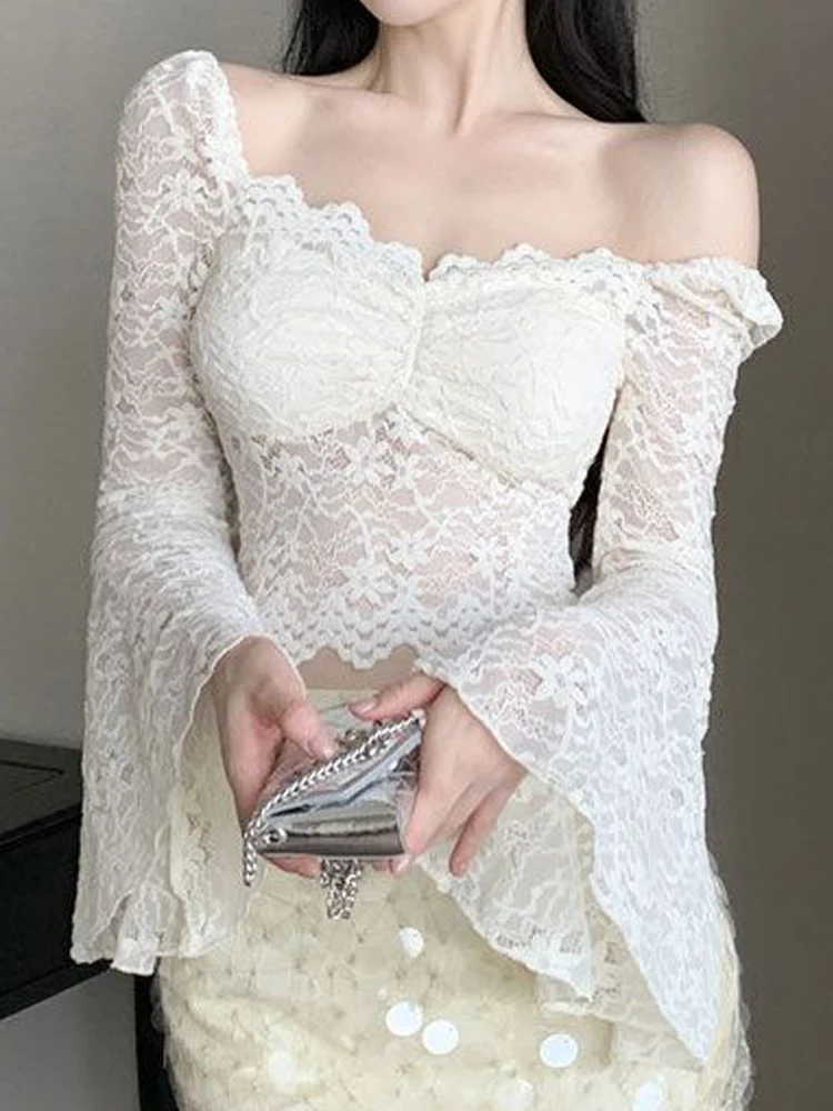 White Lace Blouse Women Elegant Flare Sleeve Crop Top Female Fashion Hollow Out Shirts Ladies Sexy Off Shoulder Blusas De Mujer