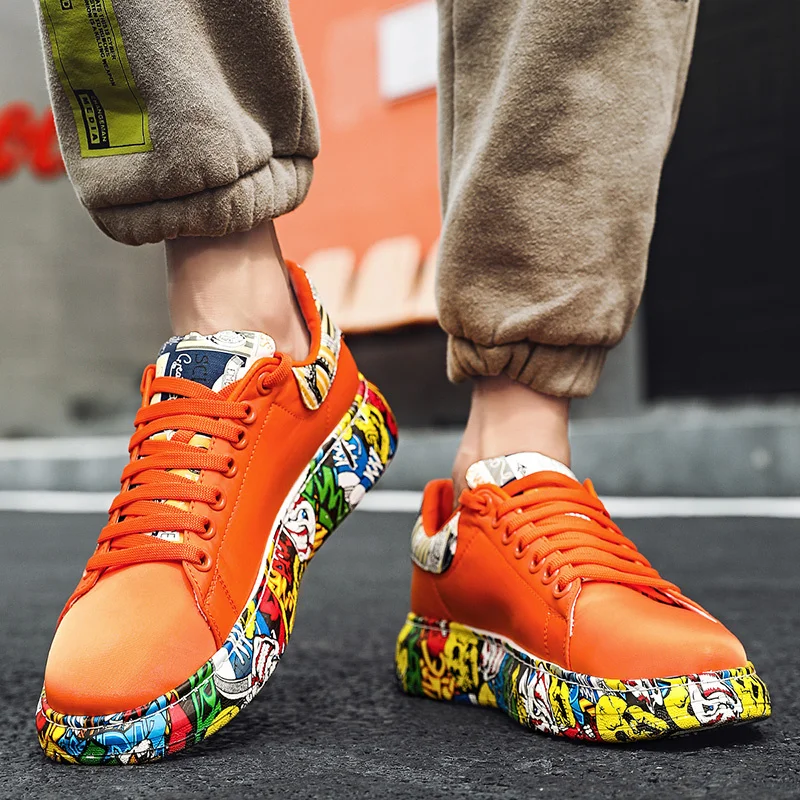 

High Quality Fashion Orange Graffiti Shoes Men Women Platform Luxury Sneakers Men Street Casual Sneakers Man zapatillas hombre