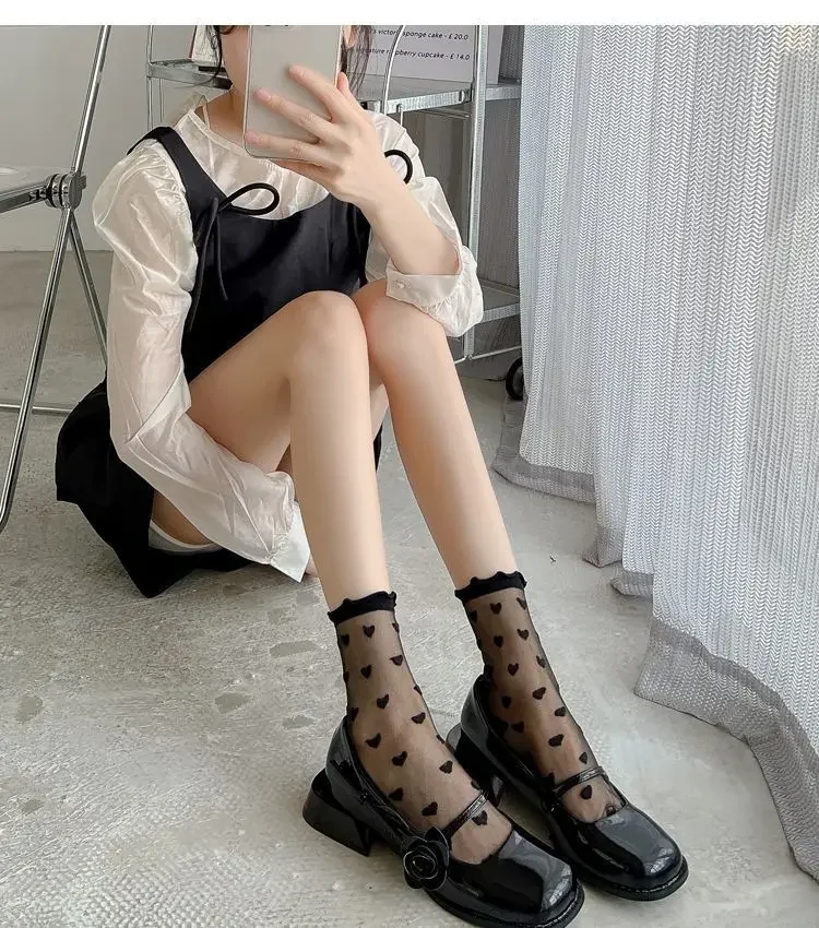 Women Sexy Ruffled Love Heart Pattern Thin Long Socks JK Uniform Lolita Sweet Glass Fiber Transparent Ins Style Black Lace Socks