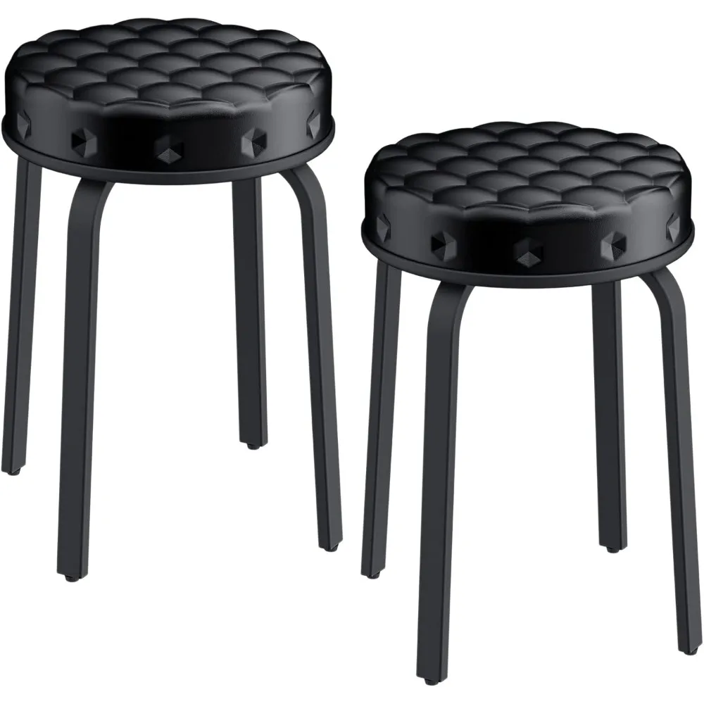 18.5" Round PU Leather Stool Set, Modern Stackable Upholstered Short Stools for Dining, Kitchen, Party, Living, Classroom, Black