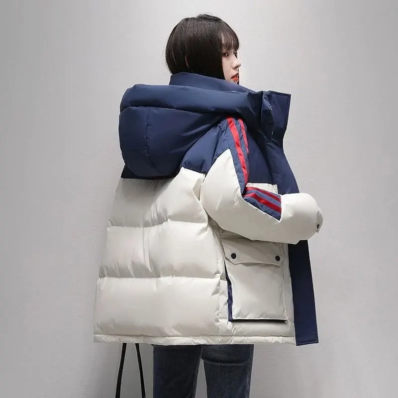 

Streetwear Striped Down Cotton Coat Women Winter Puffer Jacket Female Short Parkas Loose Warm Outwear Hooded Versatile Overcoat