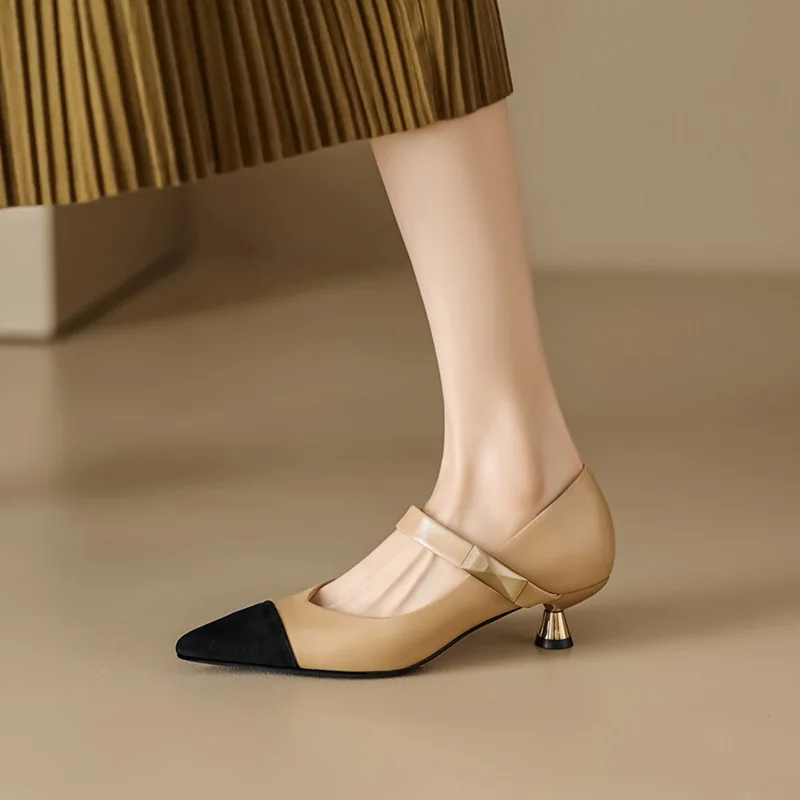 Phoentin 2024 women kitten heels elegant lady party Pumps retro genuine leather pointed toe mary janes shoes apricot FT3243