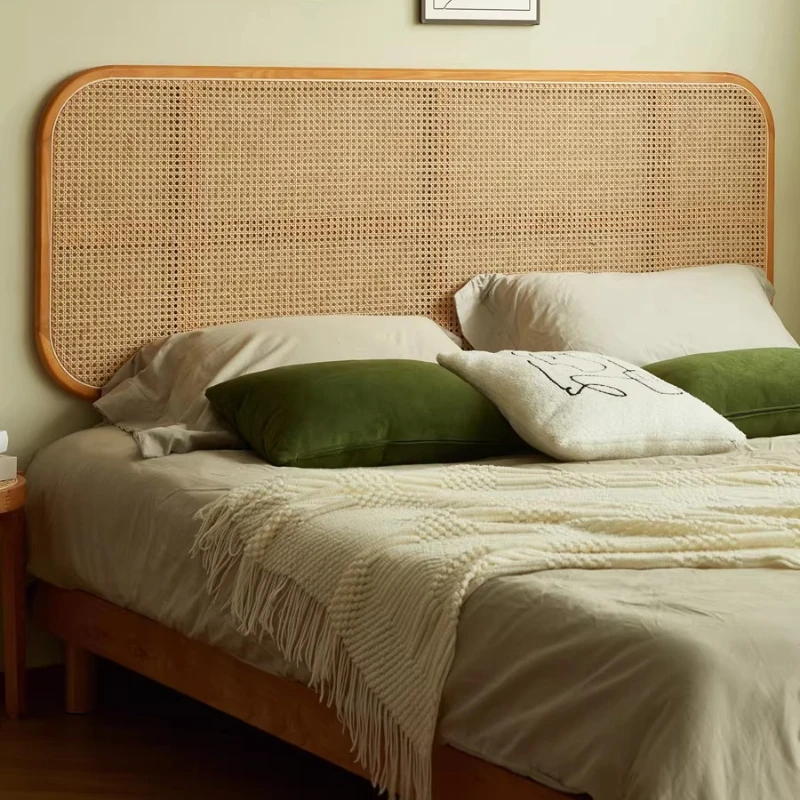 

Japanese retro solid wood rattan headboard small apartment bed bedroom double rattan art bed