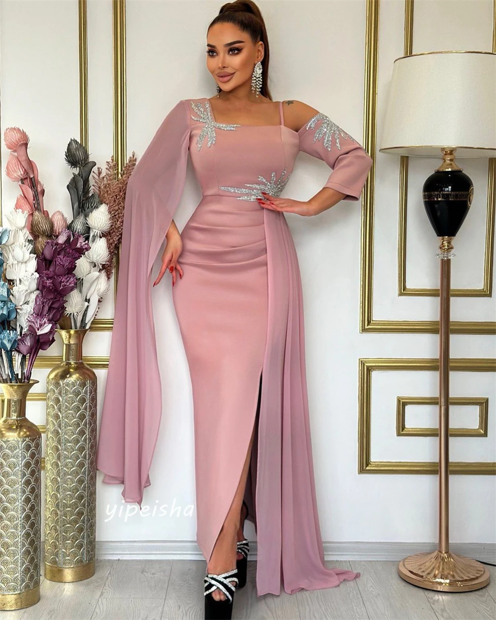 Prom Dress Saudi Arabia Satin Beading Valentine's Day A-line One-shoulder Bespoke Occasion Dress Floor Length