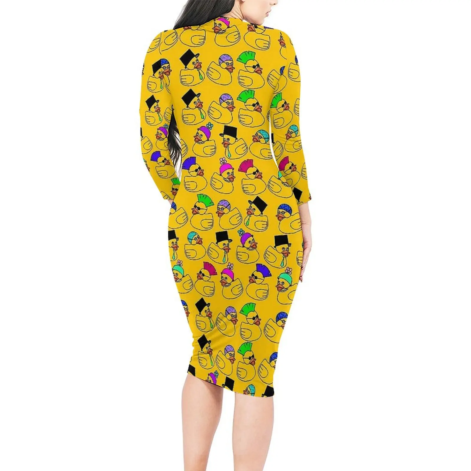 Grappige Badeendjes Print Bodycon Jurk Vrouw Sexy Jurken Zomer Lange Mouw Esthetisch Ontwerp Jurk Grote Maat 5XL 6XL