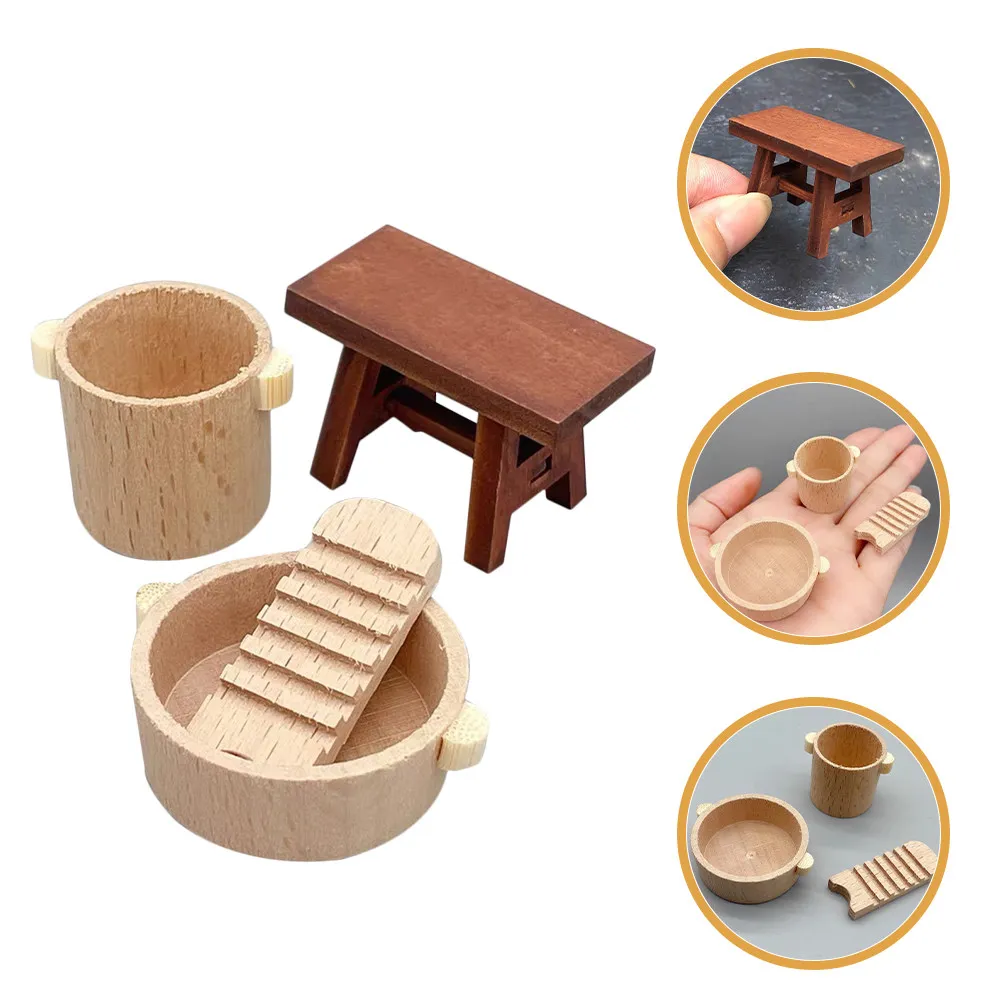 

Набор миниатюрной посуды для кукольного домика: таз, стиральная доска, ведро, табурет. Реалистичный мини-декор для дома, реквизит для рукоделия, изящный.