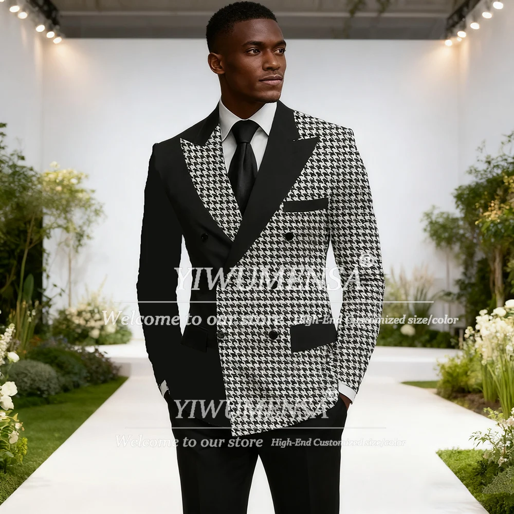 

Unique Design Suits Men 2 Pieces Sets Patchwork Houndstooth Double Breasted Prom Blazers Customized Groom Dinner Party Tuxedos