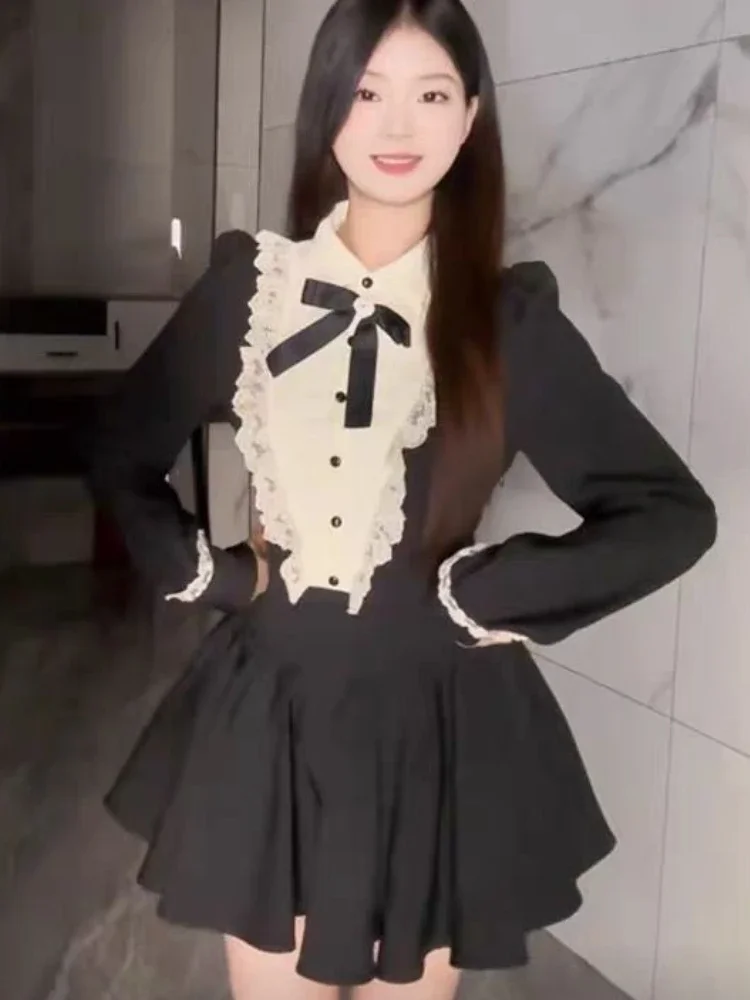 Fairy Sweet Peter Pan Collar Bow Dress Women Vintage Patchwork Lace Dresses Y2k Aesthetic Puff Sleeve Party Midi Vestido 2024