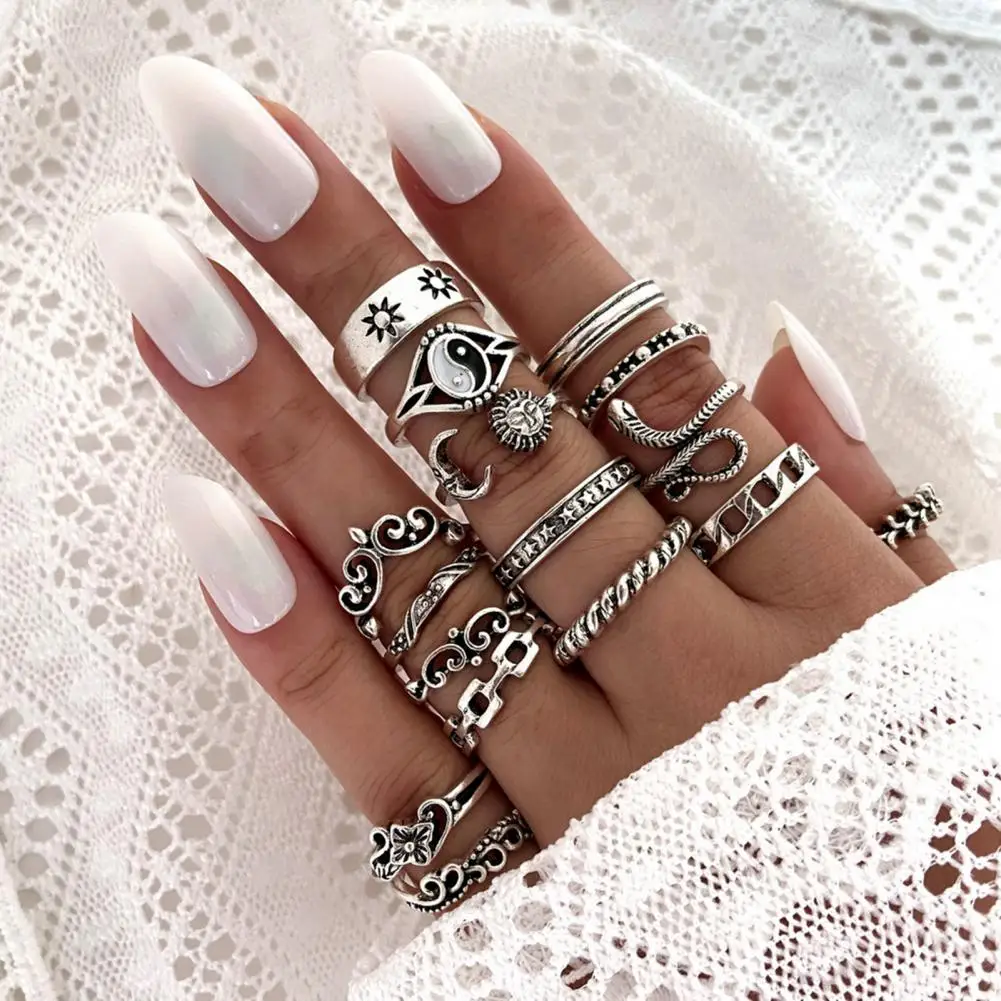 Ethnic Style Ring Set 15-piece Women's Ring Set Retro Sun Snake Flower Shapes Adjustable Open Rings for Prom Party Daily Wear