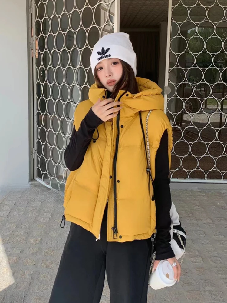 가을 겨울 후드 푸퍼 솔리드 다운 베스트 여성용 따뜻한 지퍼 조끼 아우터웨어 여성용 화이트 덕 다운 민소매 조임끈 조끼