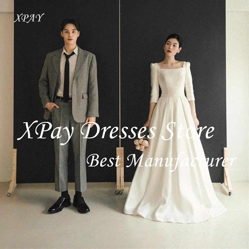 

XPAY Simple A Line Satin Wedding Dresses Half Sleeves Square Neck Vintage Bride Gowns Corset Back Customized Korea Photo shoot