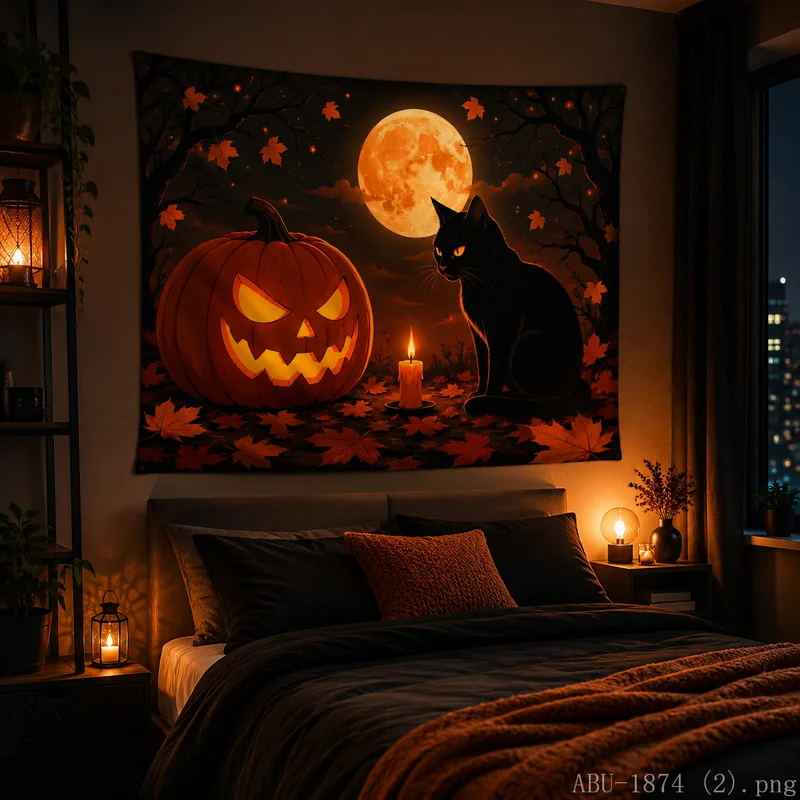 VIKAMA Spooky Evil Pumpkin Tapestry, Halloween Fall Maple Leaf Swirl Wall Hanging for Bedroom Home Decor