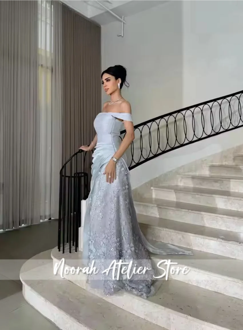 Nuovi abiti da ballo eleganti con spalle scoperte blu cielo Applique in pizzo Guaina personalizzata Abiti da sera Semplice Chiffon Foe Women 2025