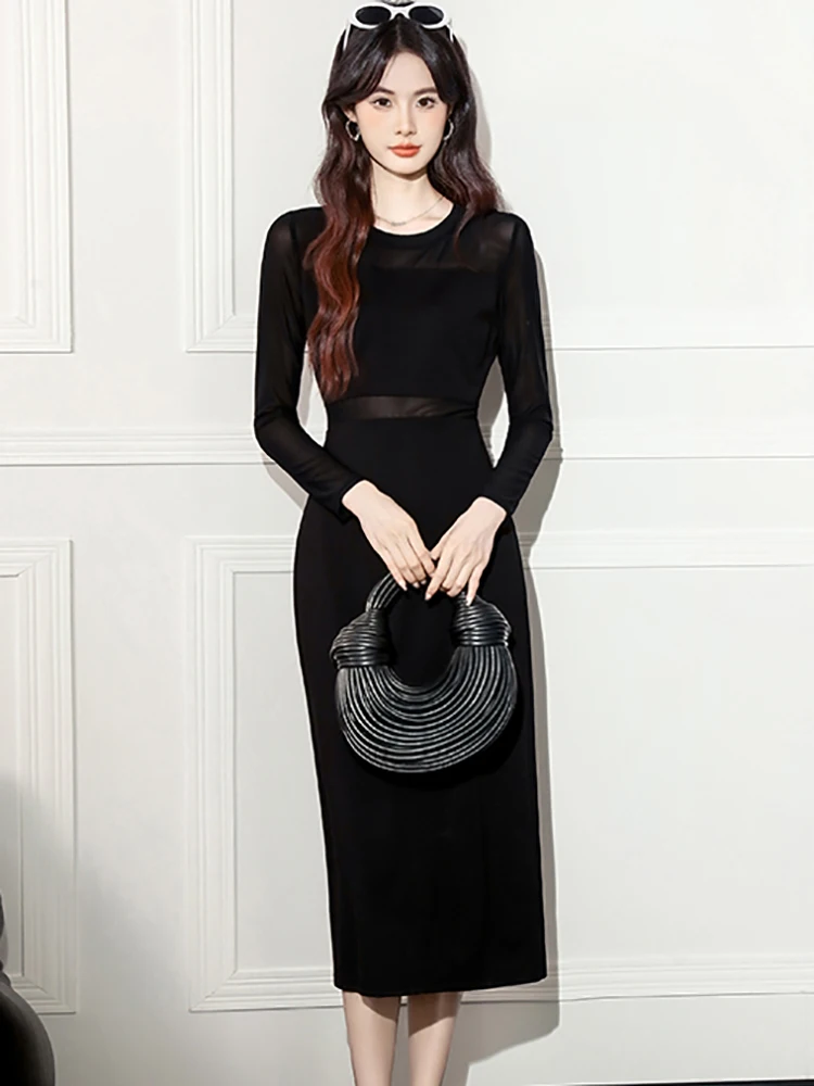 Outono inverno preto retalhos malha pura sexy vestido longo feminino elegante bodycon vestido 2025 coreano vintage bodycon vestidos de luxo