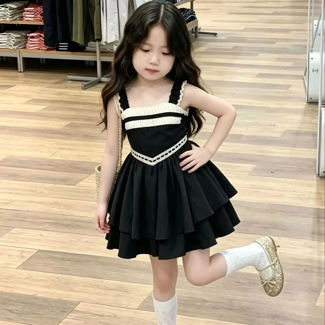 Baby Girls Summer Dress New Black Flutter Sleeve Spaghetti Strap Sweet Cinched Waist Dress Kids Clothing