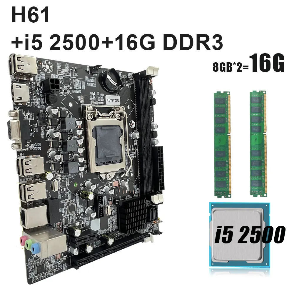 Kit para jogos H61 Motherboard com Core I5, 16GB DDR3, Placa 1600MHz, DDR5, Processador 2500, LGA 1155, 3,3 GHz