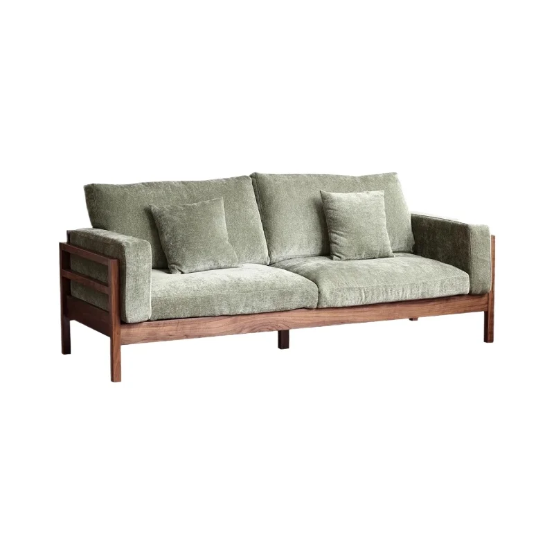 

North American black walnut sofa retro three-person sofa solid wood fabric small apartment Nordic living room furniture