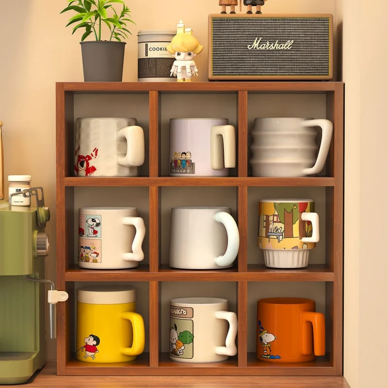 Tea Set Solid Wood Water Cup Storage Rack Wall Decoration Blind Box Storage Rack Wall Desktop Solid Wood Nine Grid Storage Box