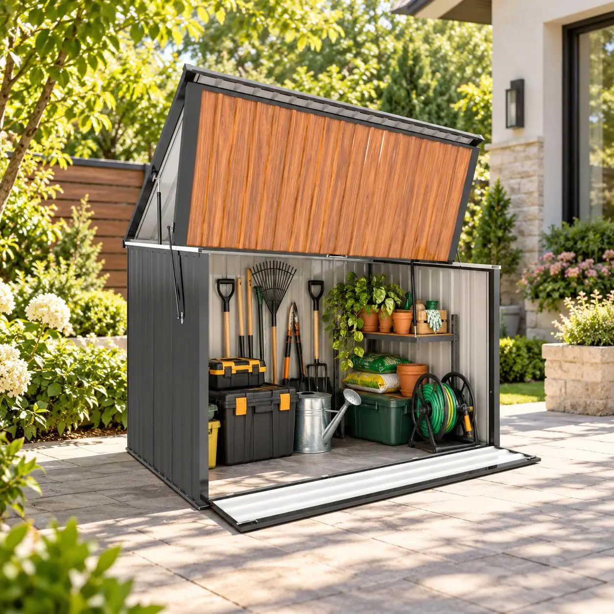 6.7x4.6FT Galvanized Steel Outdoor Storage Shed with Flip-Top Lid, Fold-Down Door, Strut & Anchor Rods, Customized