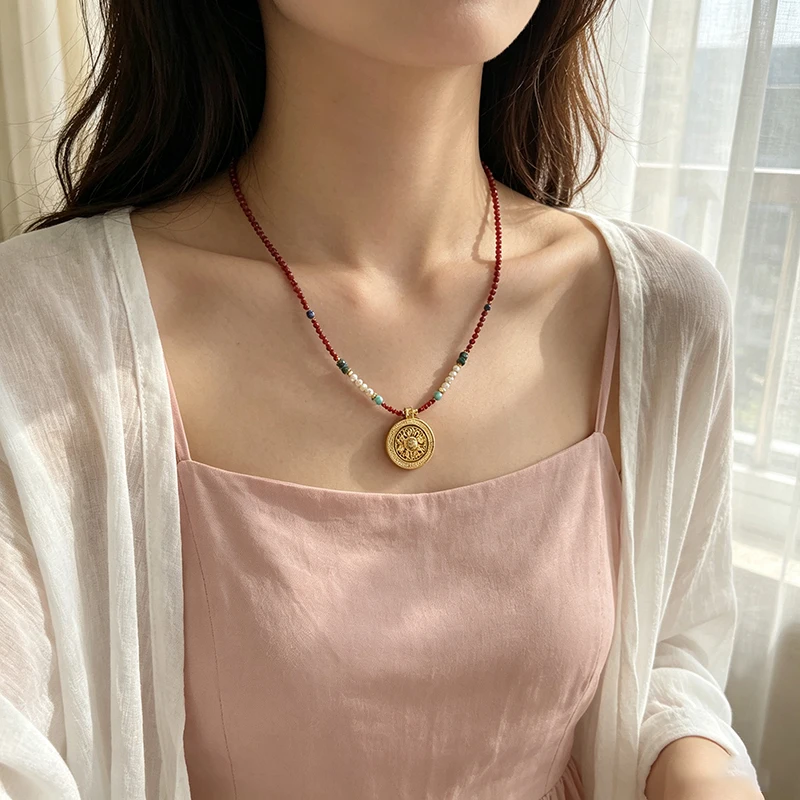 Ancient Method Sand Gold Eight Treasures Compass Pendant with Natural Pearl Necklace, Adjustable Length of 75cm.