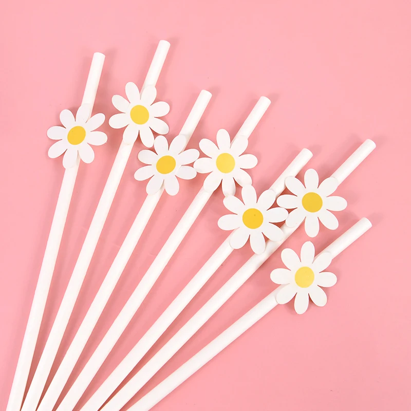 White Daisy Flower Disposable Paper Drinking Straw for Daisy Theme Birthday Party Wedding Decoration Favors Baby Shower Supplies