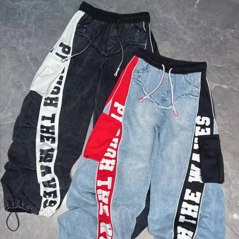 ANJY automne nouvelles femmes Chic Streetwear Denim Patchwork lettre imprimé cordon taille élastique pantalon élégant jean droit A7709