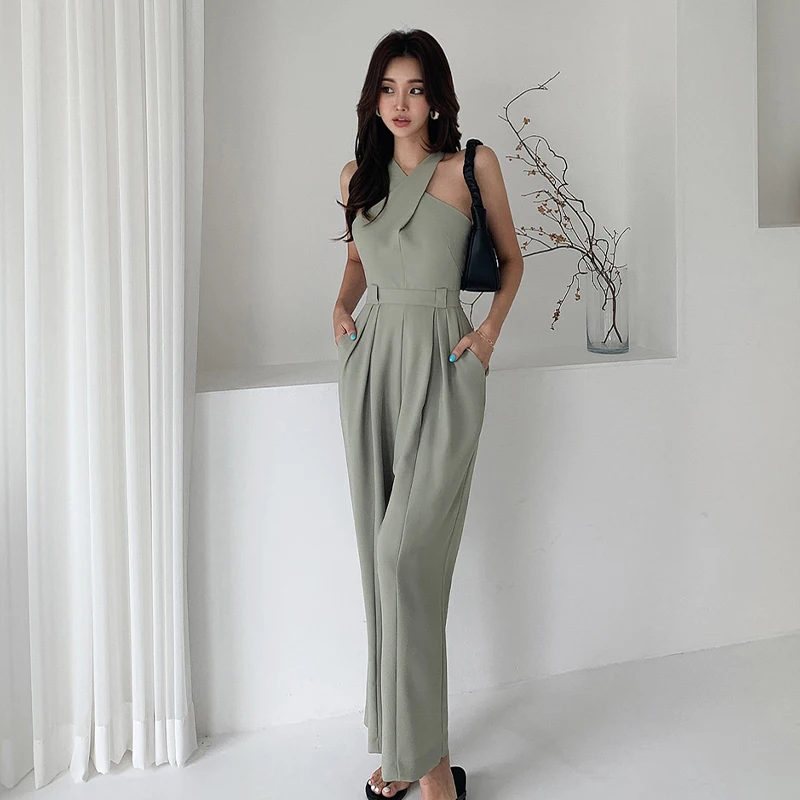 

2024 Korean Fashion Edition New Spring Summer Slim Fit Cross Collar Sleeveless Waist Wrapped Slim Long Pants Straight Jumpsuit