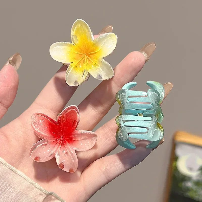 6pcs Sweet Gradient Flower Acrylic Hair Claws Clip for Women Girls Hairpins Summer Beach Hawaiian Headwear Hair Accessories