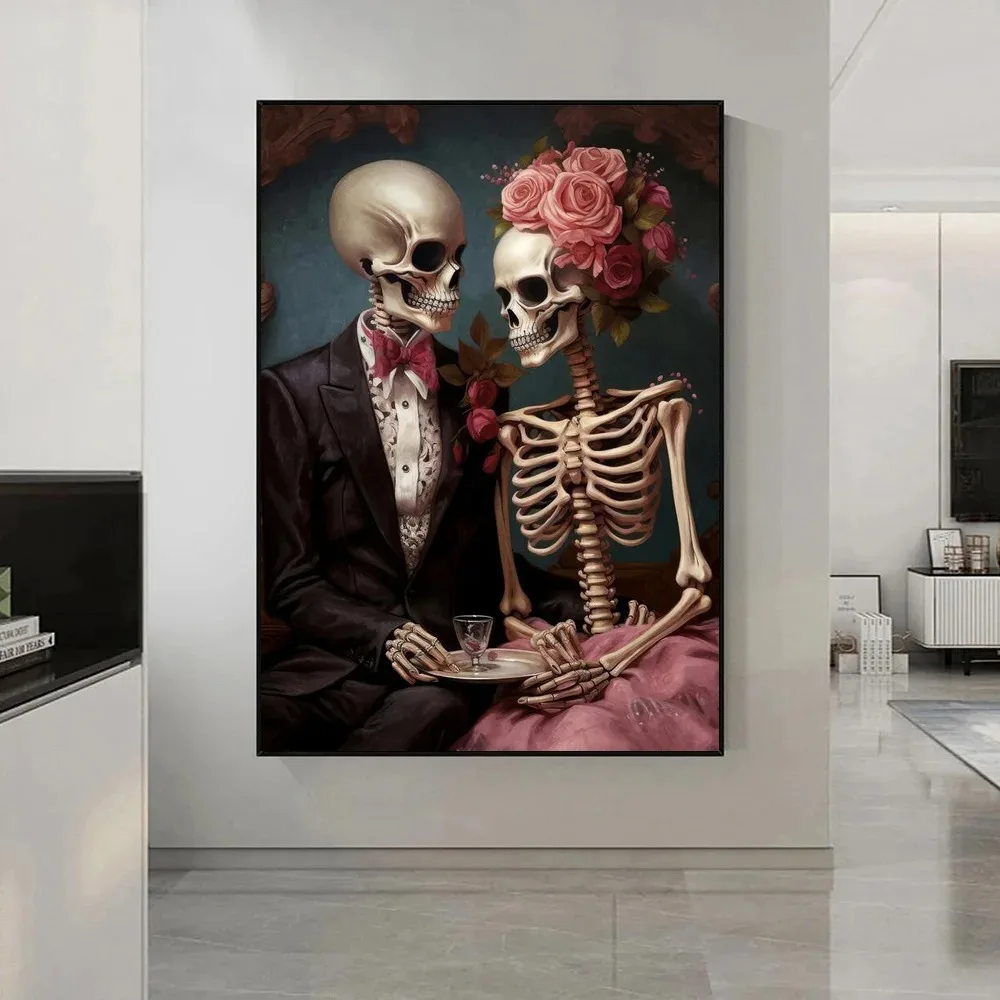 Vintage Gothic Wall Decor Skeleton Spooky Posters And Prints Dark Academia Floral Skull Canvas Art Painting For Living Room