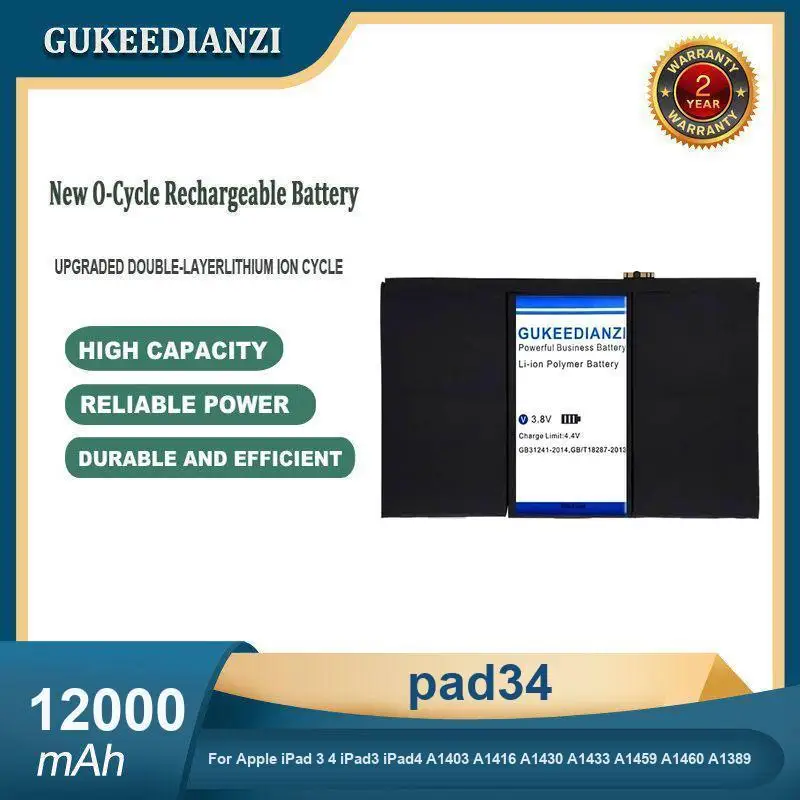 

High Capacity 12000mAh pad34 Tablet Battery For Apple iPad 3 4 iPad3 iPad4 A1403 A1416 A1430 A1433 A1459 A1460 A1389