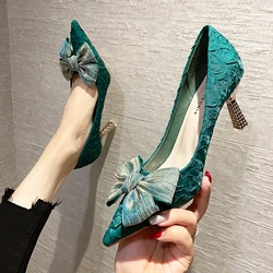 Green Silk Bowtie High Heels Pumps for Women Sexy Pointed Toe Metal Stiletto Heels Wedding Party Shoes Woman 2024 Spring Bombas