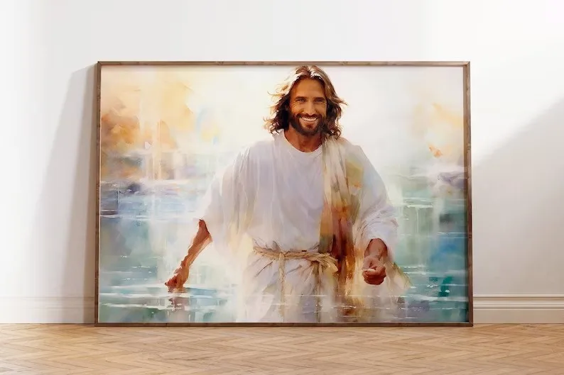 Watercolor Laughing Jesus Christ Walking On Water Painting Canvas Poster Wall Art Pictures Religious Home Room Decor