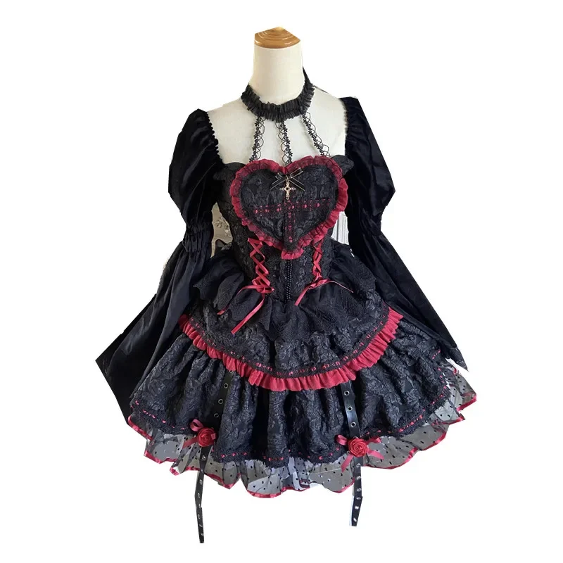 Vestidos de estilo Lolita gótico oscuro para mujer, con cuello de encaje vestido victoriano Halter, corsé de vendaje, moda japonesa, vestido de fiesta de vacaciones