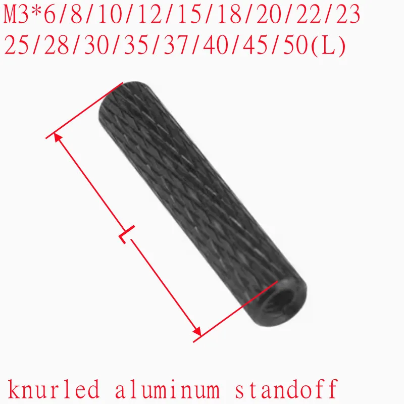 

10pcs/lot M3 black aluminum knurled spacer standoff M3x6/8/10/12/15/18/20/22/25/28/30/35/37/40/45/50