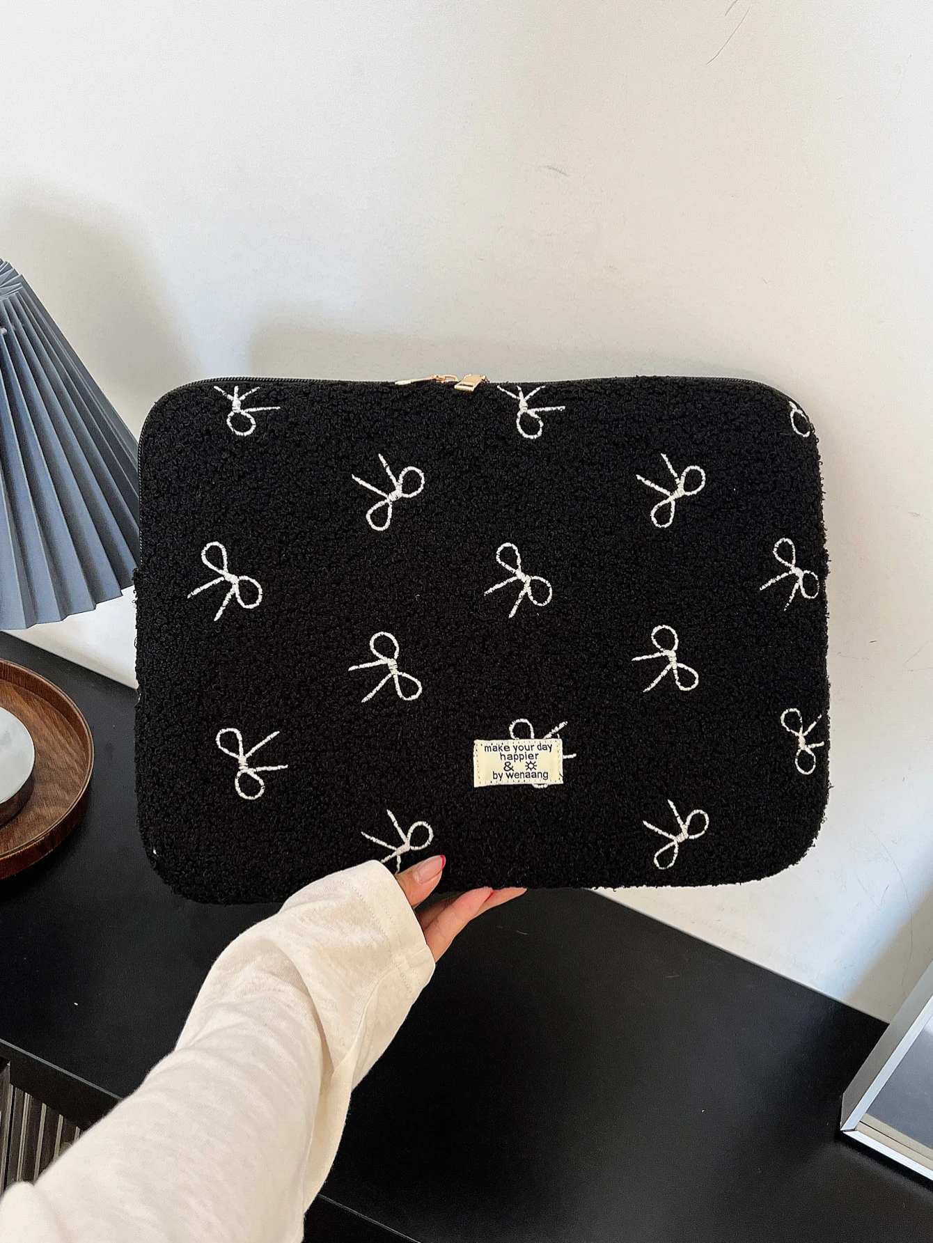 Preppy Casual Bow Print Laptop Bag Lightweight Solid Color Portable Women Tablet Bag For Vacation Outdoors Daily
