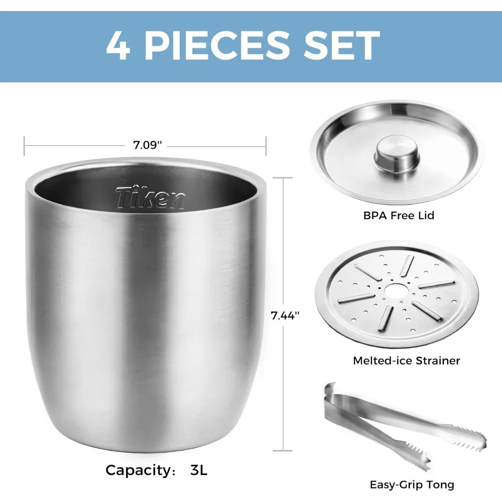 

Vacuum Insulated Stainless Steel Ice Bucket with Lid and Tong 3L for Champagne Wine Cocktail Bar Party Outdoor