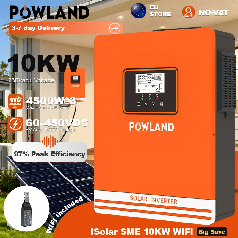 POWLAND onduleur solaire 10KW MPPT 4500W * 3 entrée PV 60-450VDC prise en charge fonction CT onduleur à onde sinusoïdale Pure pour système d'énergie solaire