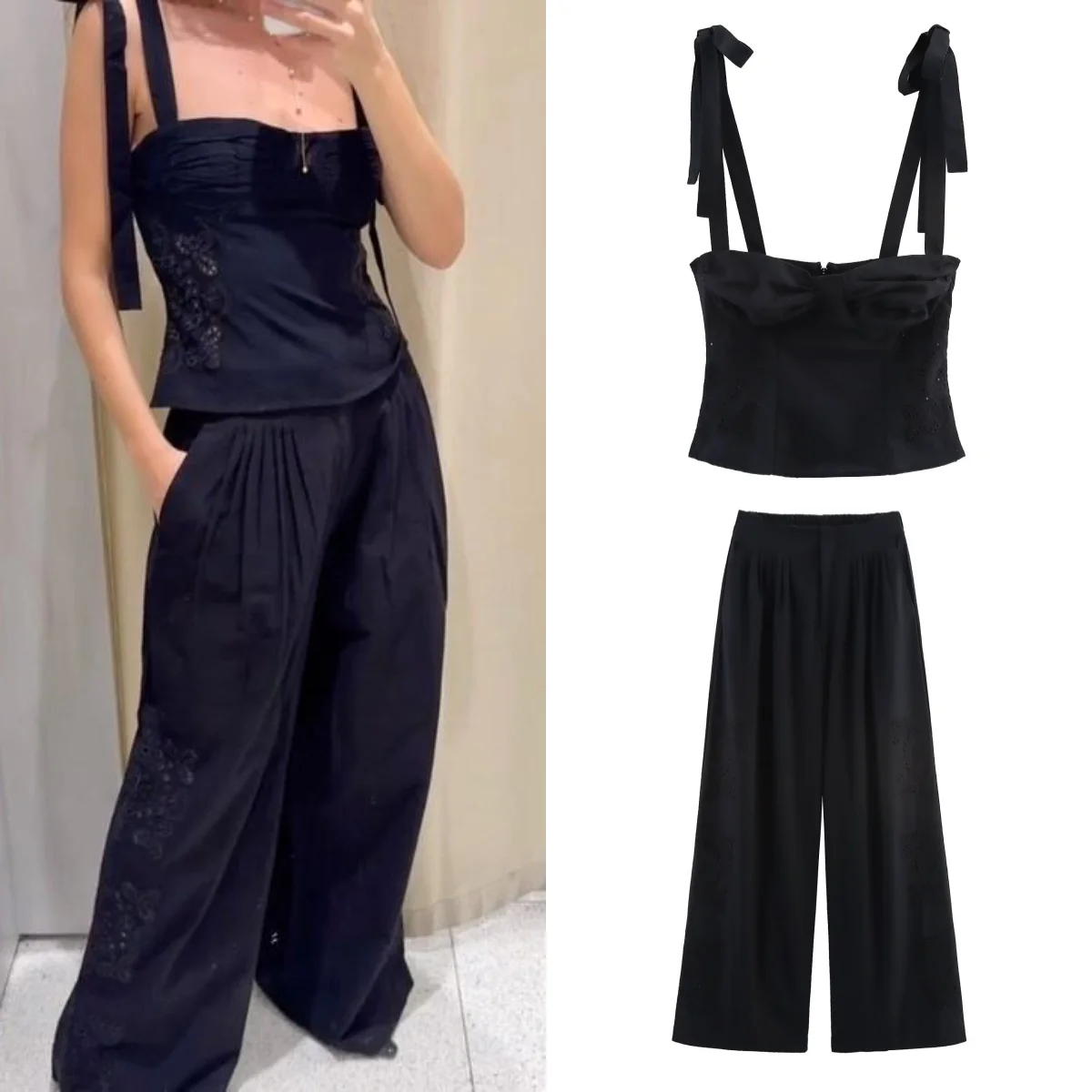 

Women's 2025 New Fashion Bow Decorated Short Embroidered Suspender Top Retro Backless Vest Suspender Top Straight Pants Set