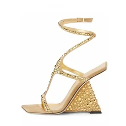 Arden Furtado 2024 Summer Square to Open toe Super high heel Elegant Buckle strap Wedges Crystal Cross tied Modern Sandals