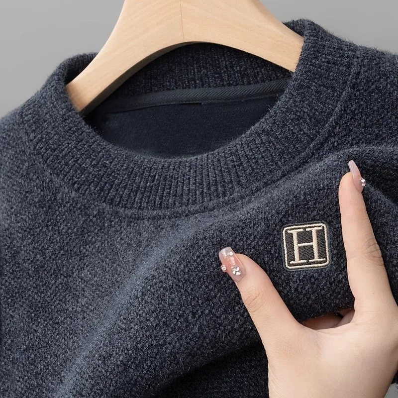 

Men New Long Sleeve Knit Pullover Sweater Autumn Winter Thermal Warm Classic Sweater Lightweight Fleece Lined Thickened Sweater