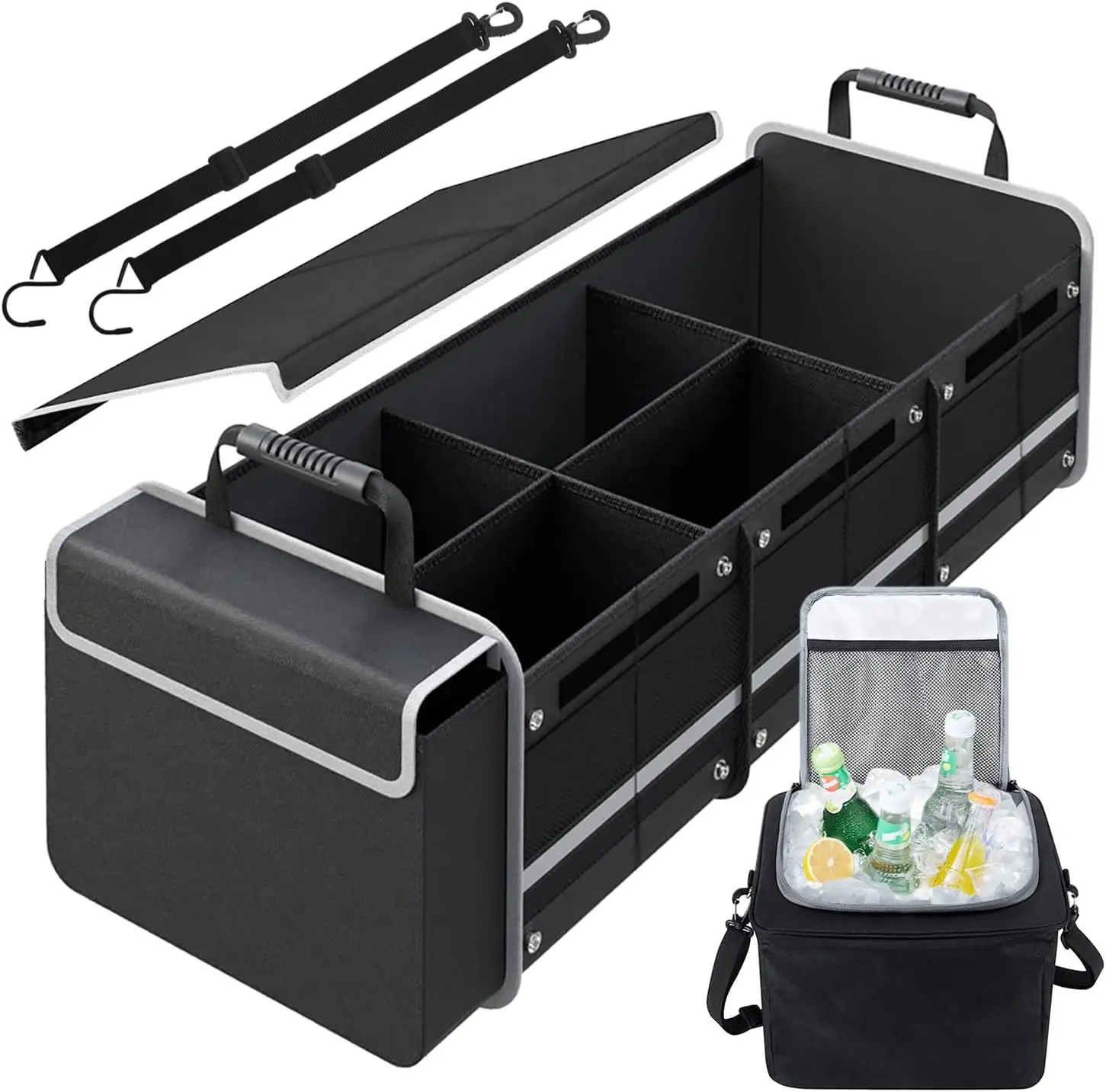 

115L Heavy Duty Collapsible Car Trunk Organizer with Insulated Leakproof Cooler Bag, 3 Compartments and Straps for SUV, Jeep