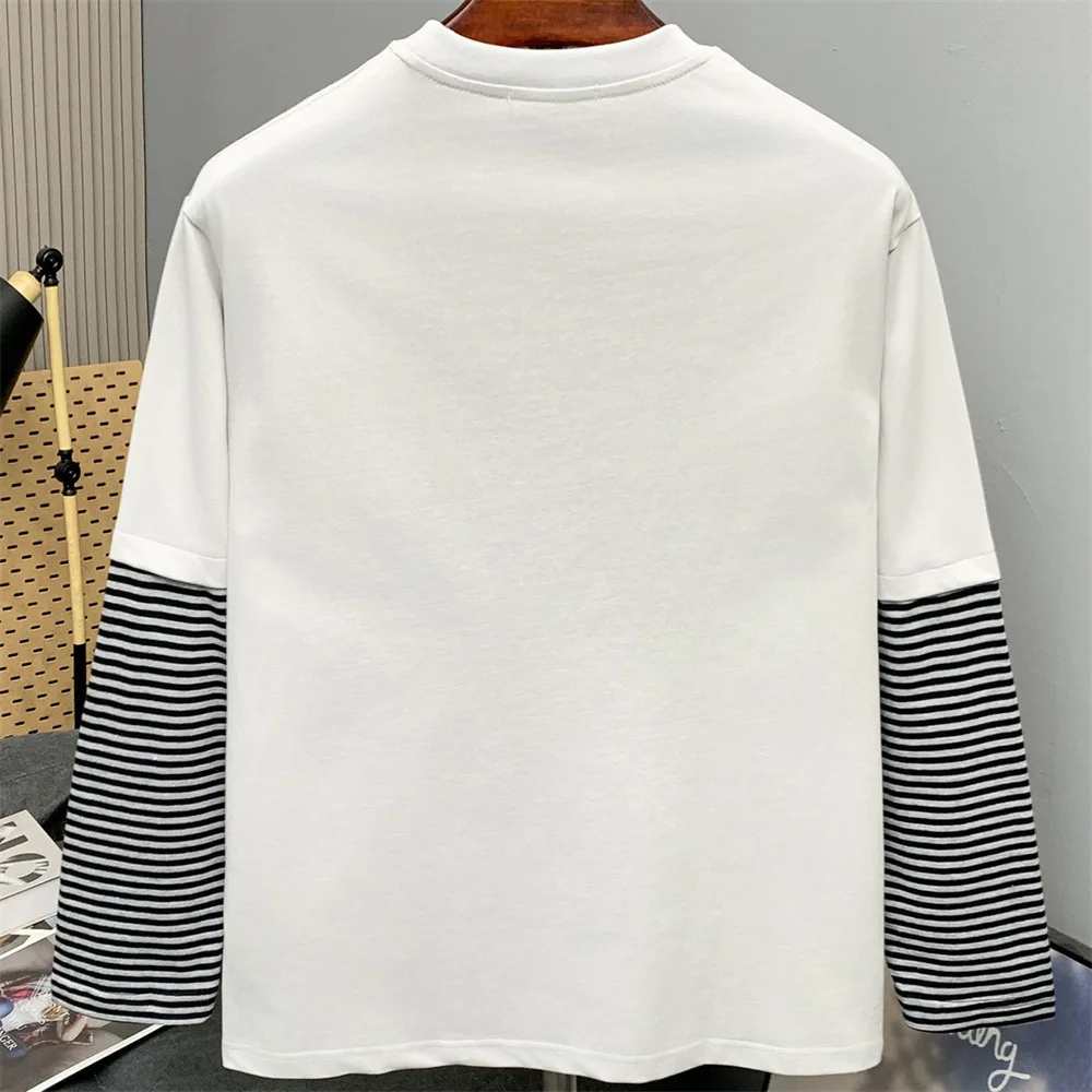 MWJLPWQ Unique Autumn Long-Sleeve T-Shirt Face Print Faux Two-Piece Design Striped Spliced Sleeves Loose Casual Men's Top 20631